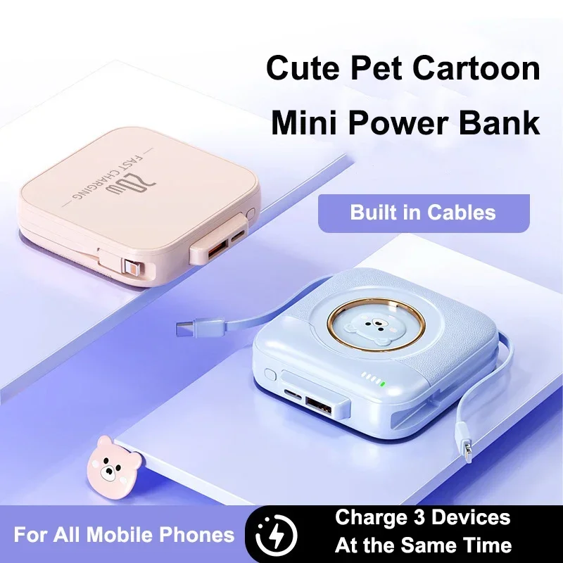 

20000 мАч 3-в-1 со встроенным кабелем Power Bank, портативный мини-банк большой емкости с кабелями IPhone/Type-C/Micro, для IPhone, Xiaomi