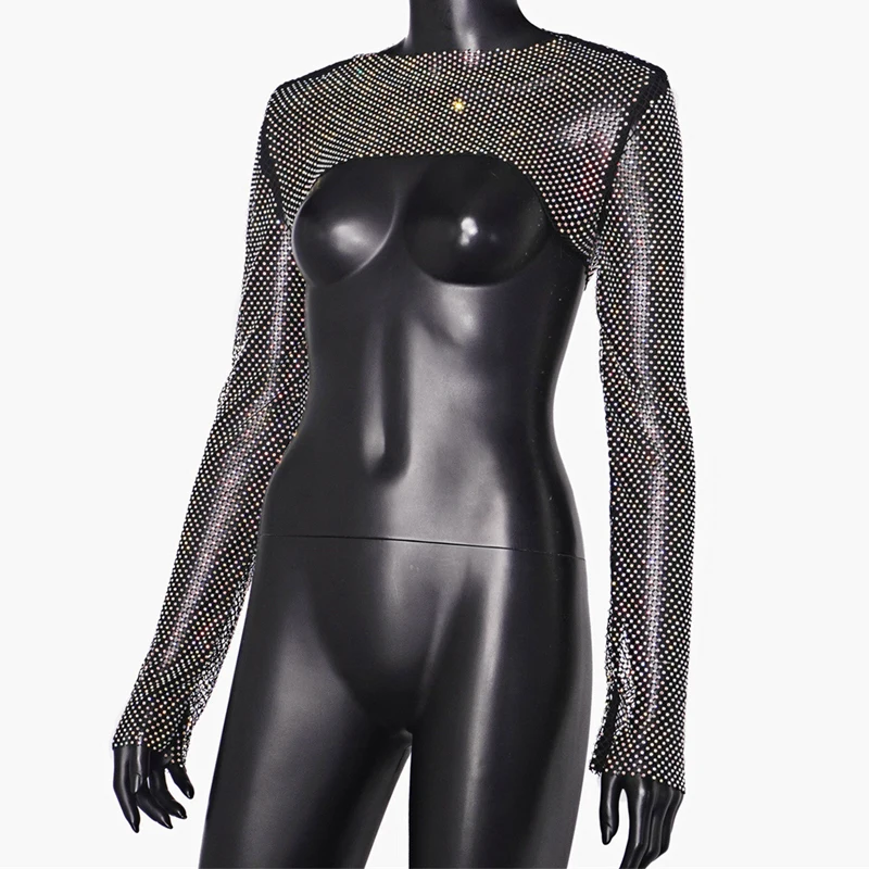 Damen AB Strass Netzstoff Langarm Crop Top Glänzendes Funkelndes Mesh Durchsichtiges Cover-Up Top Sexy Nachtclub Rave Party Festival – Detail 11
