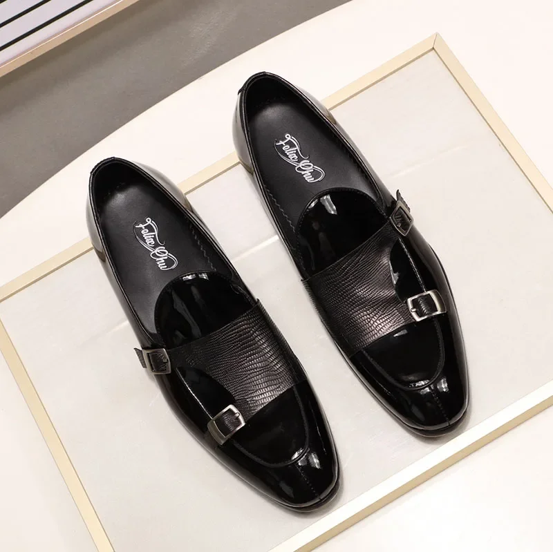 FELIX CHU Men\'s Patent Leather Loafers Black/Green Monk Strap Slip-On Shoes for Wedding Party Dress Casual Fashion