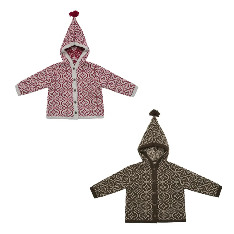 Kids Sweater 2024 Winter Kids Wool Santa Elf Cap Cardigan Boys Vintage Hooded Sweater Baby Girl Nordic Style Knitwear