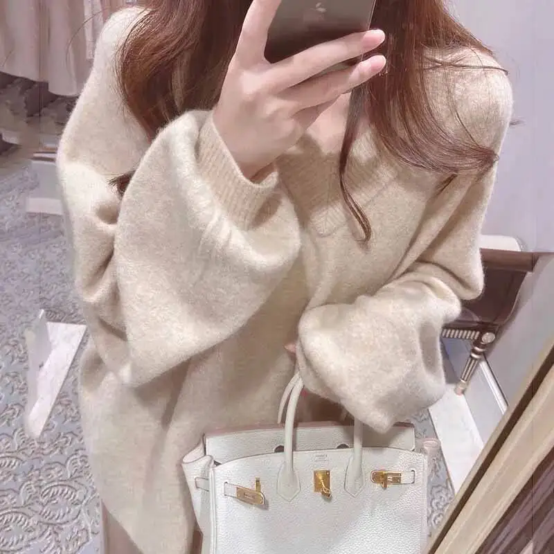 Maglioni con scollo a V di alta qualità per donna Maglioni lavorati a maglia caldi addensati comodi e morbidi Pullover ampio versatile solido