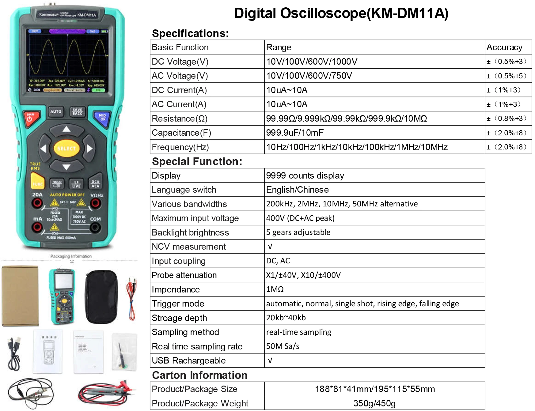 Kaemeasu New Multifunctional rechargeable Oscilloscope DC/AC Portable Digital Mmultimeter Electrical Test Tools