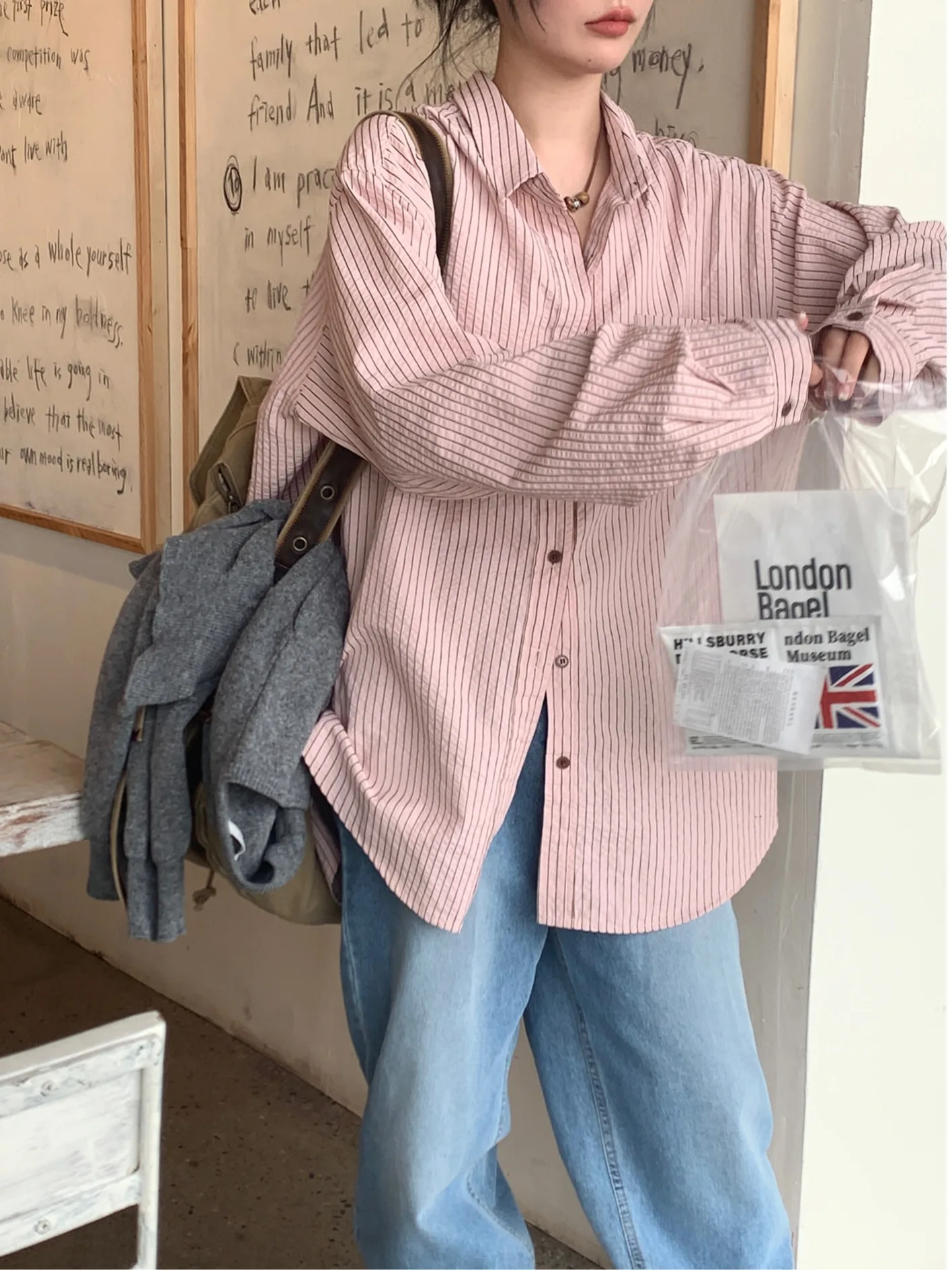 Autumn Fre Striped Loose Long Sve Women's irt Chic Outerwear Cardigan Sli Commute Spring Autumn Season Faion