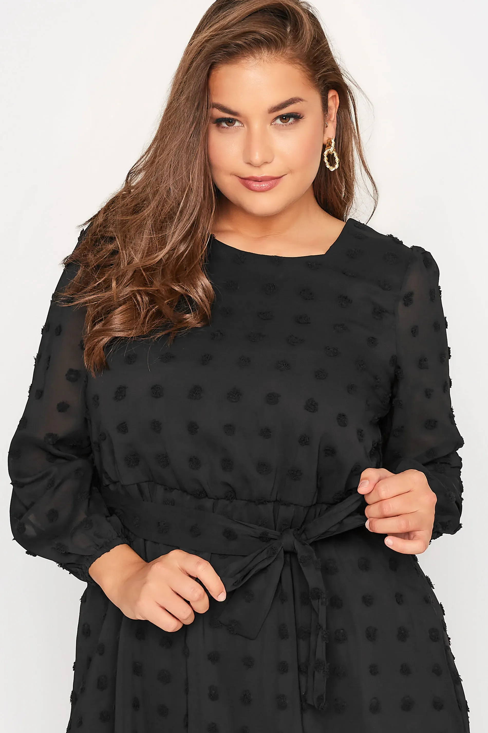 Plus Size Long Sleeve Elegant Spot Party Dress Women Tie Waist Black Formal Evening Dress Large Size Tiered Midi Dress 6XL 7XL