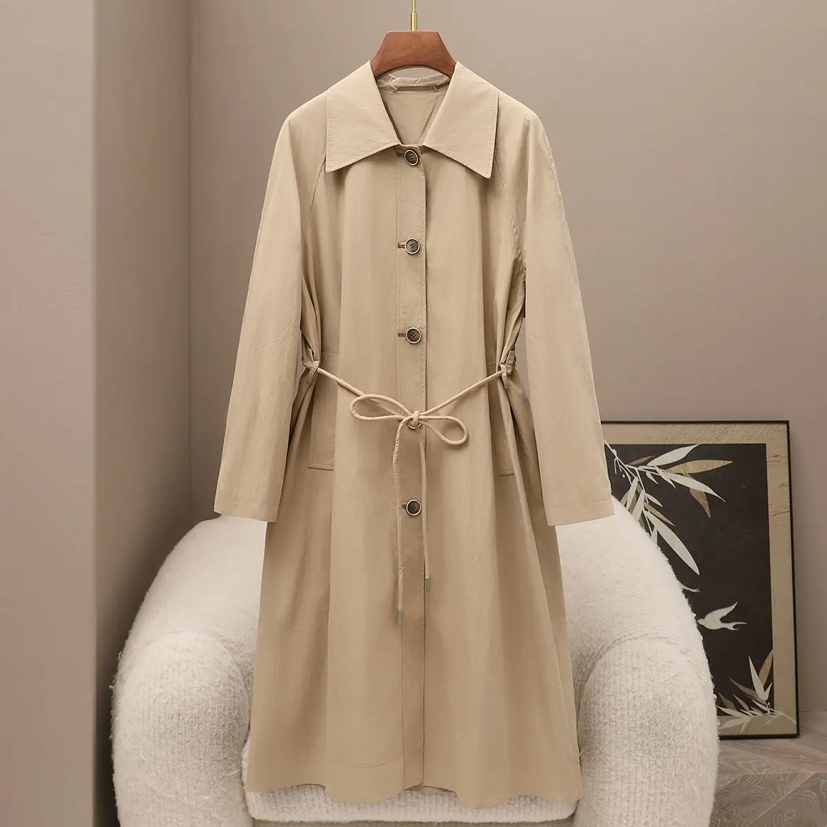 Spring Thin Women's Knee Length Lace Up 70% Cotton British Style Single Row Windbreaker Jacket