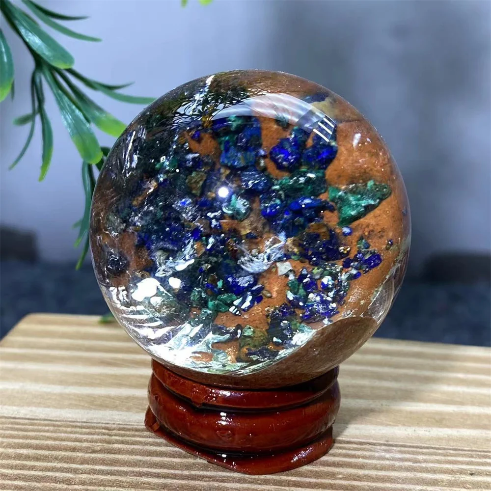 Azurite Quartz Ball Natural Stone Chalcopyrit Sphere Crystal Healing Room Decoration Holiday  Meditation Reiki Witchcraft+Stand - view 2