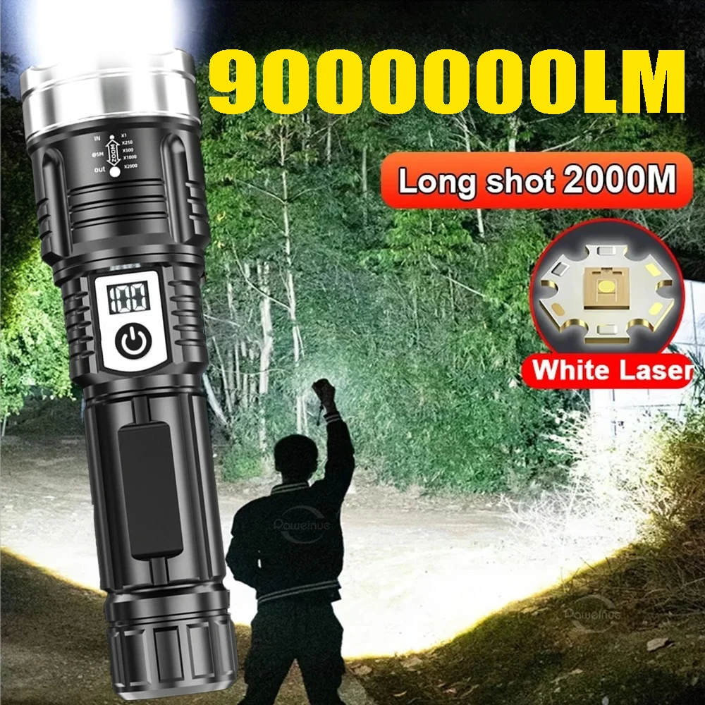High Power 200000LM LED Flashlight Built-in Battery Type-C Rechargeable Strong Light Torch Outdoor Camping Hiking Emergency Lamp