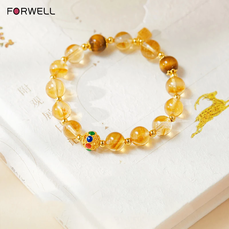 FORWELL Silver Women's Bracelet with Openwork Ball Yellow Quartz Tiger's Eye - Premium Fashion Jewelry Accessory