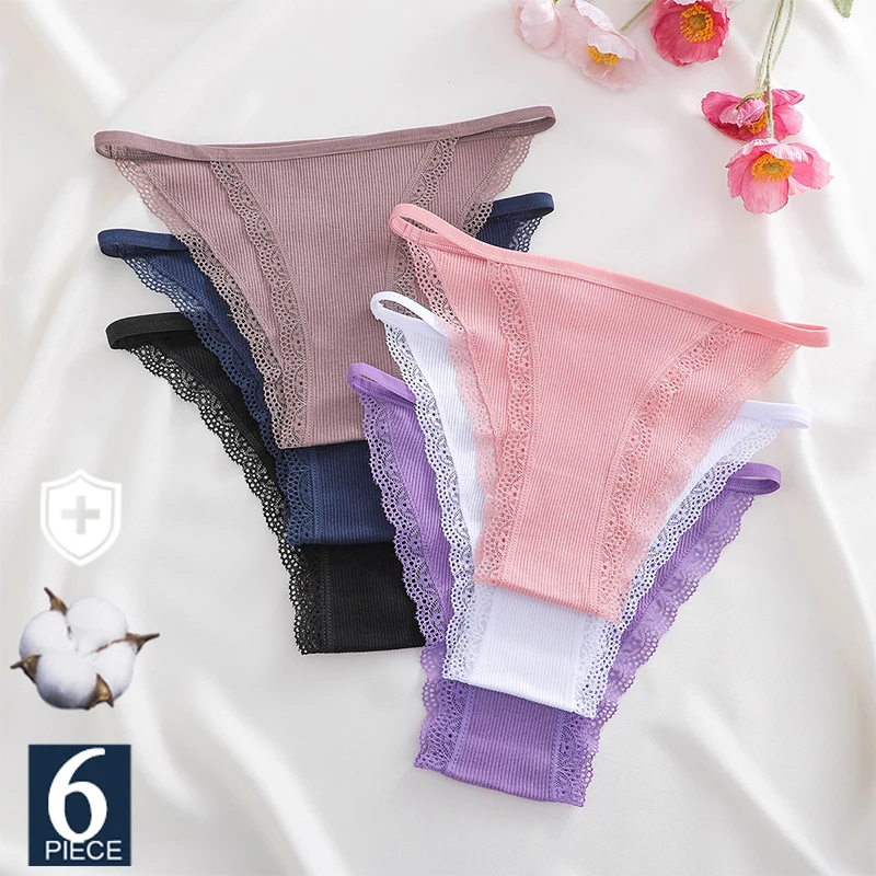 FIENTOO 6 Stück Sexy Hüftslips Spitze Baumwoll-Höschen für Frauen Weiche Unterwäsche Mädchen Elastische Intimwäsche Sexy Dessous