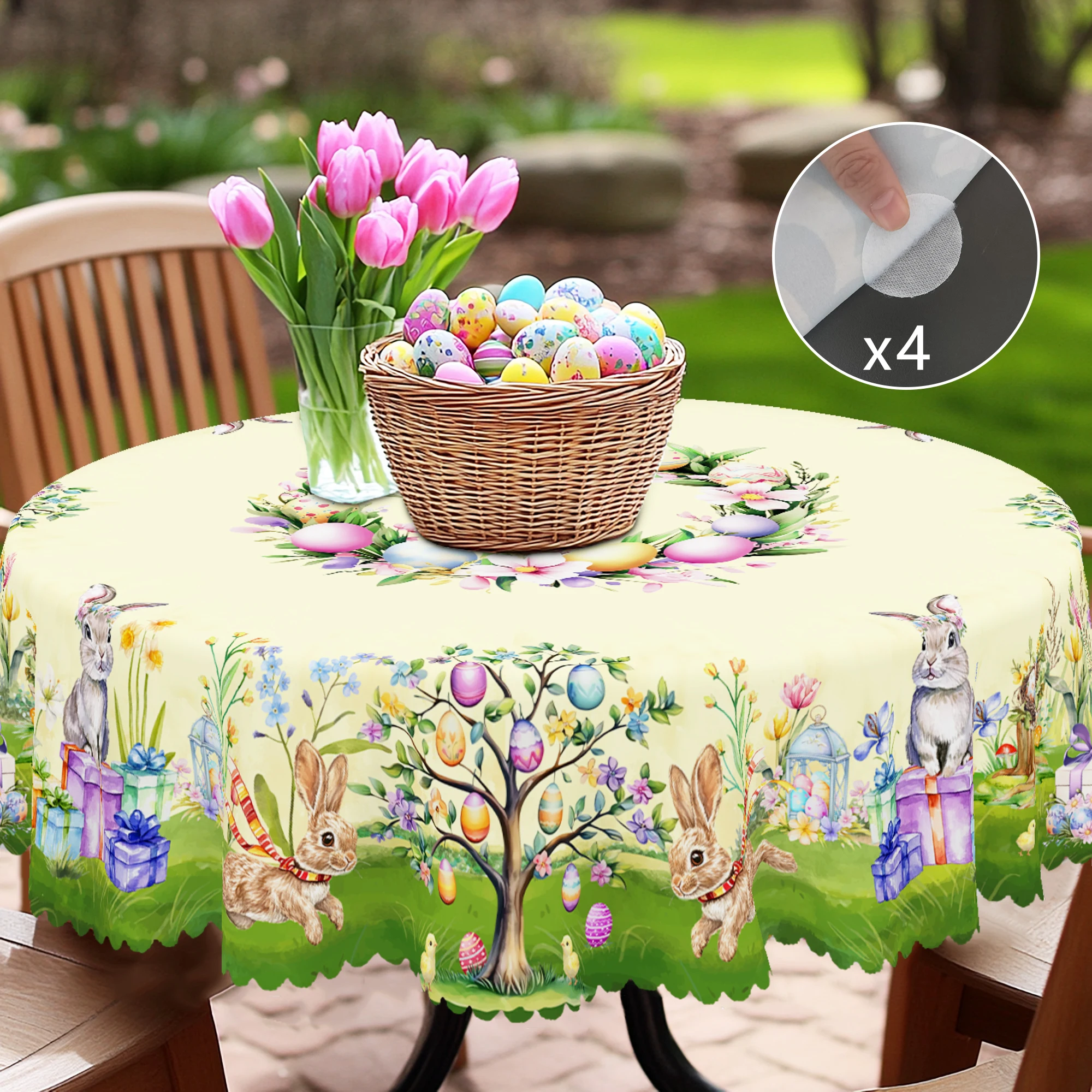 1 Easter Round Tablecloth, 5 Sizes Available, Tulip Easter Bunny Egg Garden Printed Square Tablecloth, Edge Embossing Process, Spring Garden