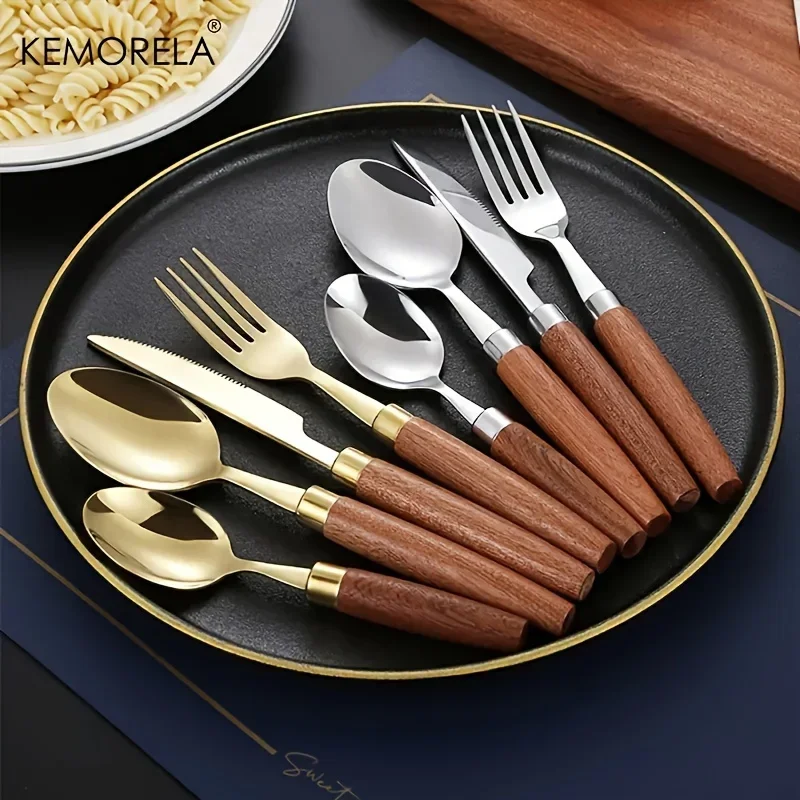 24PCS Stainless Steel Tableware Set With Wooden Handles Korean Style Suitable For Cutting Steak Cake Desserts Dishwasher Safe