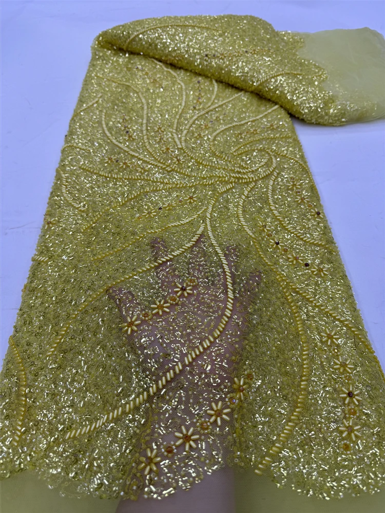 2024 African Nigerian Sequins Embroidery Tulle Lace Fabric Sewing Beads Stone Prom Dresses High Quality 5Yards jy332