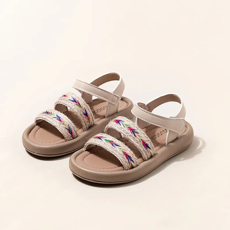 Kids Sandals Ethnic Style Hook&loop Girls Beach Shoes Retro Elegant 2025 Summer New Children Princess Shoes Soft Sole Non-slip
