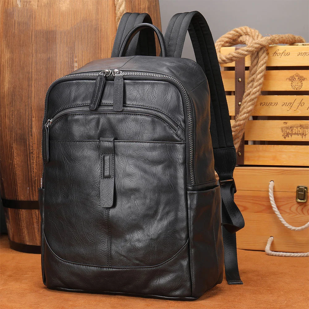 Black Leather Men Backpack Genuine Leather Travel Bag Casual Daypack Fashion Leather School Bags Large Laptop Bag Soft Skin 14\