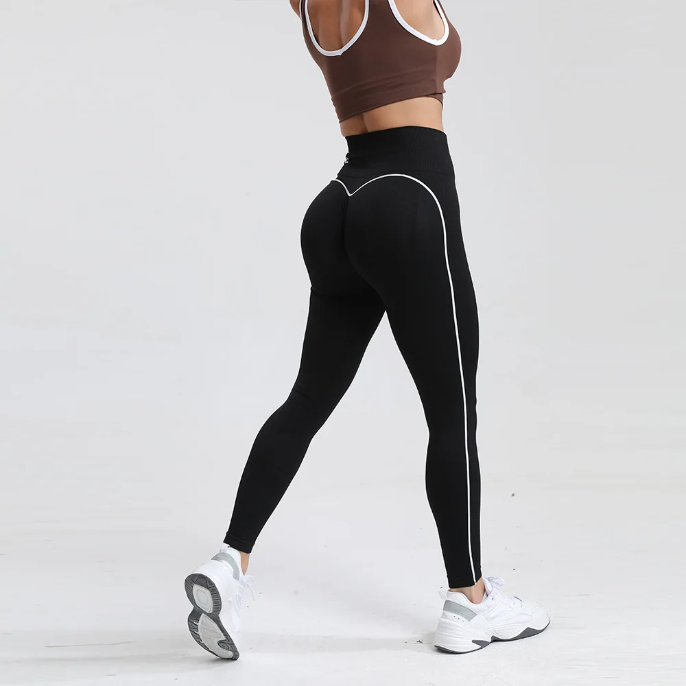 Nahtlose Hochtaillierte Damen-Yogahose mit Farbkontrast, Sport-Leggings mit Po-Lifting-Effekt, Fitness-Tights, Schnelltrocknende Workout-Hose – Detail 8