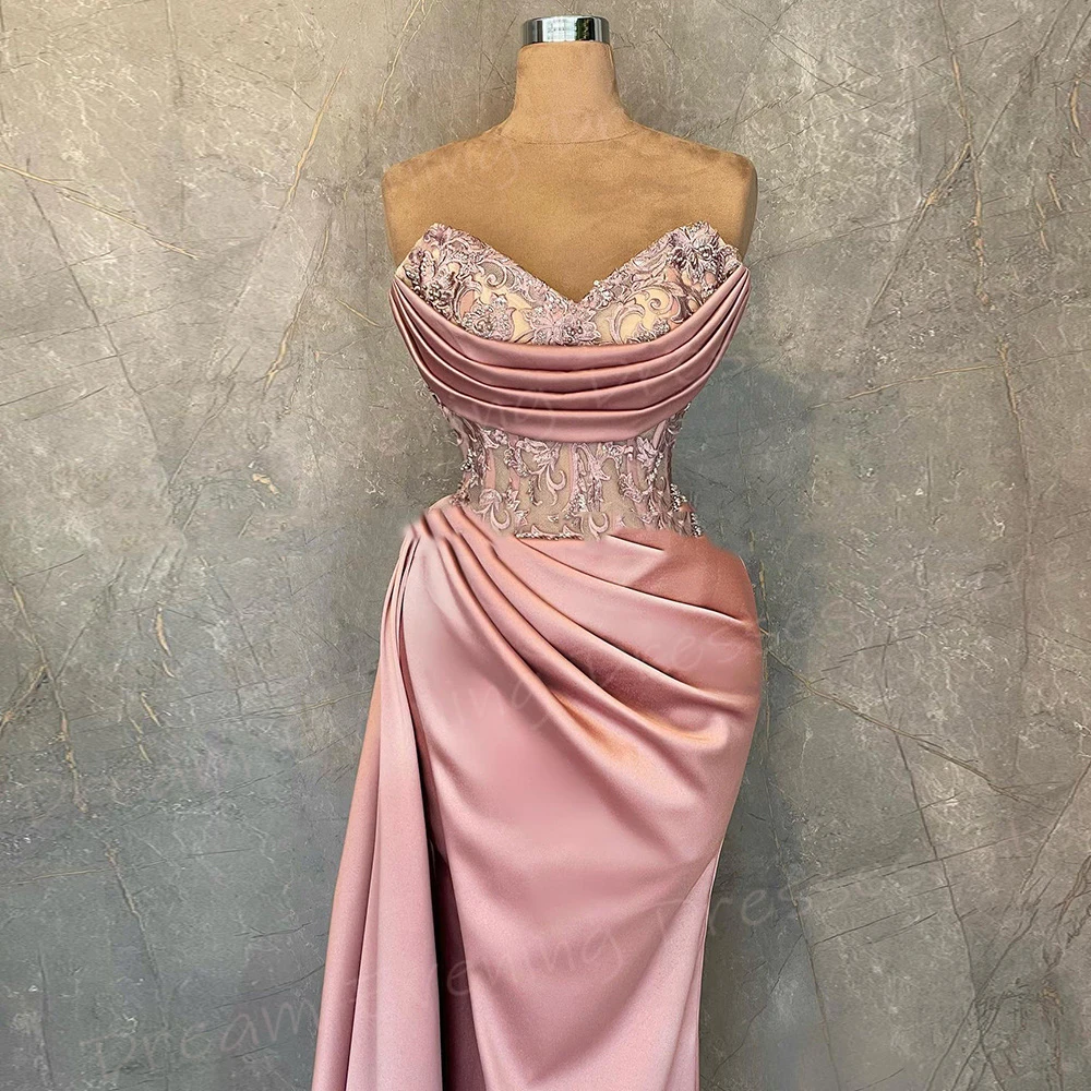 Beautiful Pink Women's Mermaid Elegant Evening Dresses Sexy Strapless Prom Gowns Split Appliques Pleated Robe De Soiree Femmes