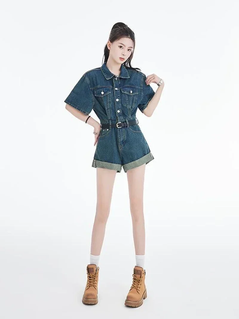 Streetwear Jeans Short Jumpsuits Summer Clothes Women 2024 Turn Down Collar Denim Rompers Playsuits One Pieces Overalls Outfits