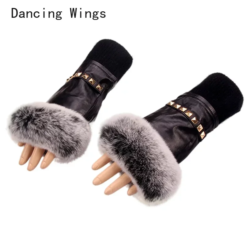 

Autumn And Winter Women's Fingerless Gloves Lady's Genuine Leather Rabbit Fur Mittens Winter Warm Sheepskin Gloves