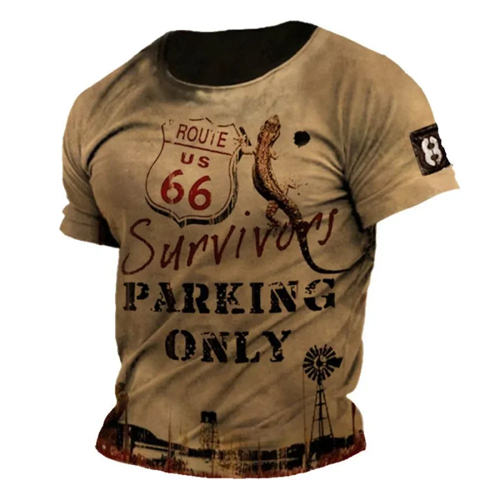 Retro American Route 66 Retro Style Men's T-shirt 3D Printed Casual Oversized Street Trend Motorcycle Round Neck Short Sleeved