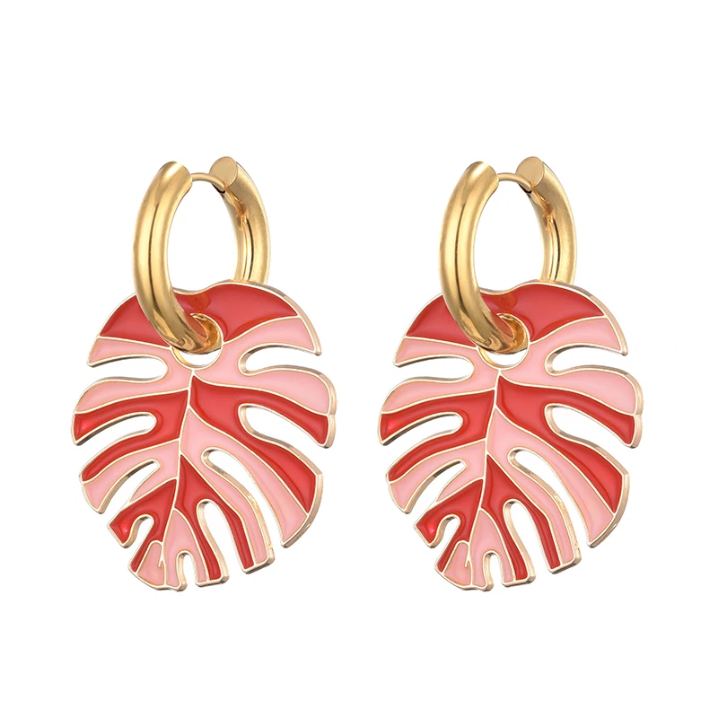 Heiße Bunte Große Blatt Anhänger Gold Farbe Edelstahl Ohrringe Für Frauen Schmuck Vintage Aussage Emaille Runde Creolen – Detail 3