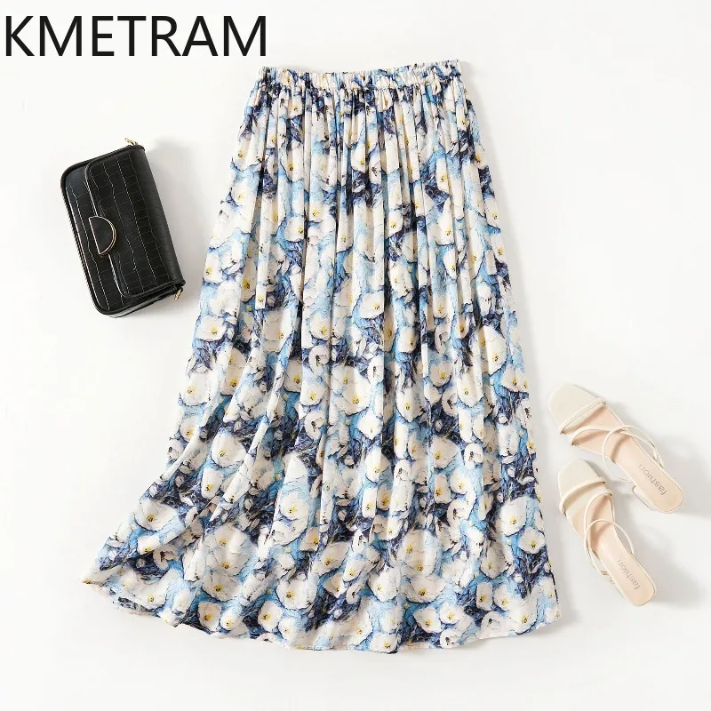 KMETRAM 100% Mulberry Silk Women's Skirts Jasmine Floral Print Long Skirt Casual Summer Beach Skirts 2026 Woman Clothes cutecore