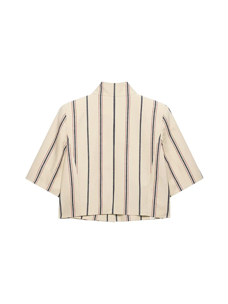 2026 Vintage Women Stripe Cropped Short Coat Stand Neck One Button Short Sleeve Elegant Casual Commuter Blazer Outerwear