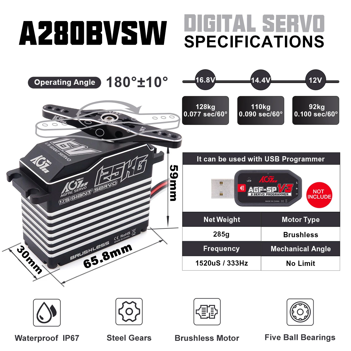 

AGFRC A280BVSW 4S 16V 125KG Mega Torque 0.08Sec High Speed Programmable Brushless Waterproof 1/5 Giant Scale Servo