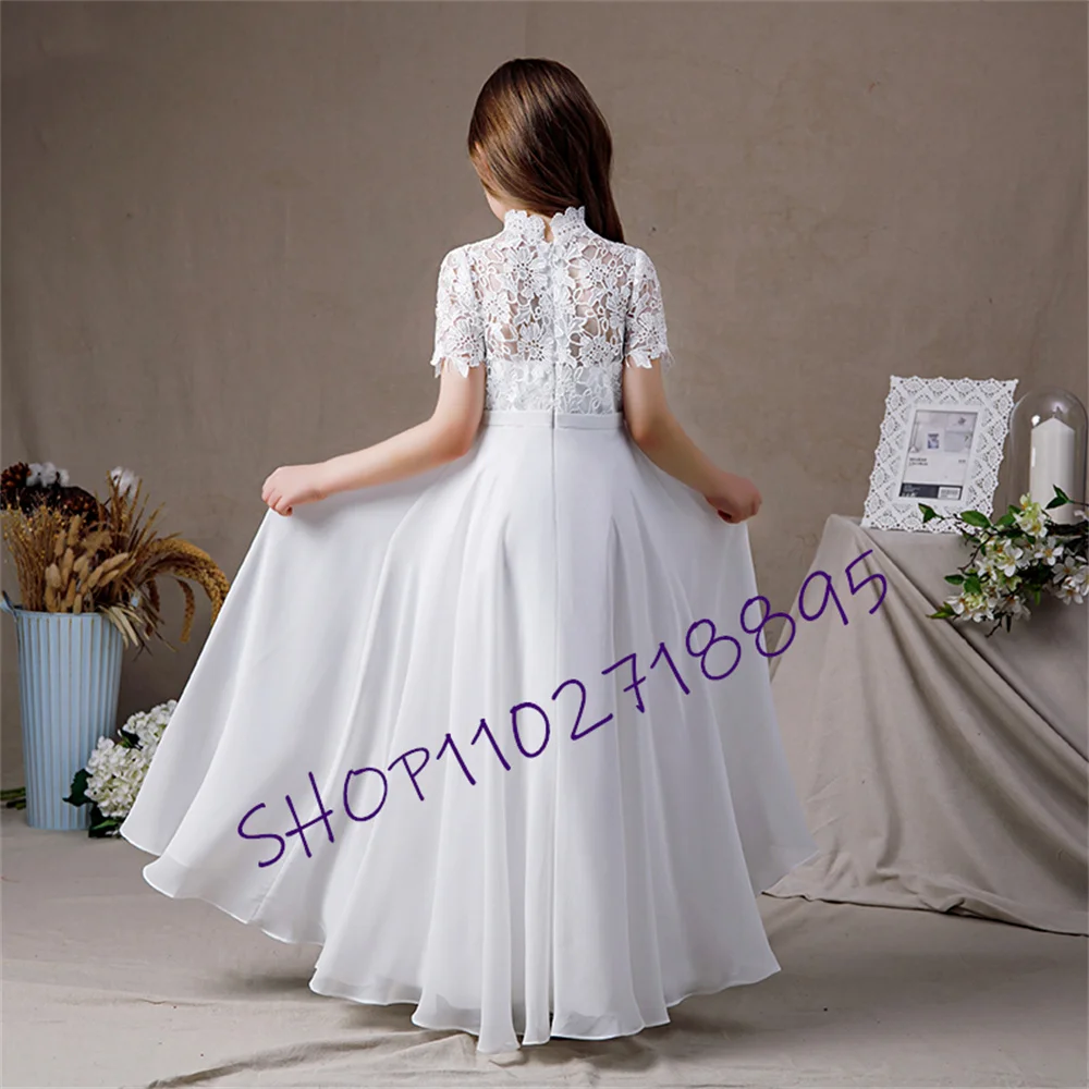 White High Neck Chiffon First Communion Dresses 2023 Lace Short Sleeves Junior Bridesmaid Gown Concert Birthday Party