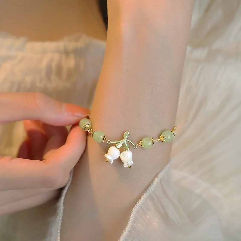 

White lily of the valley natural Hotan Jade bracelet retro gentle style round beads green bracelets for women wedding jewelry