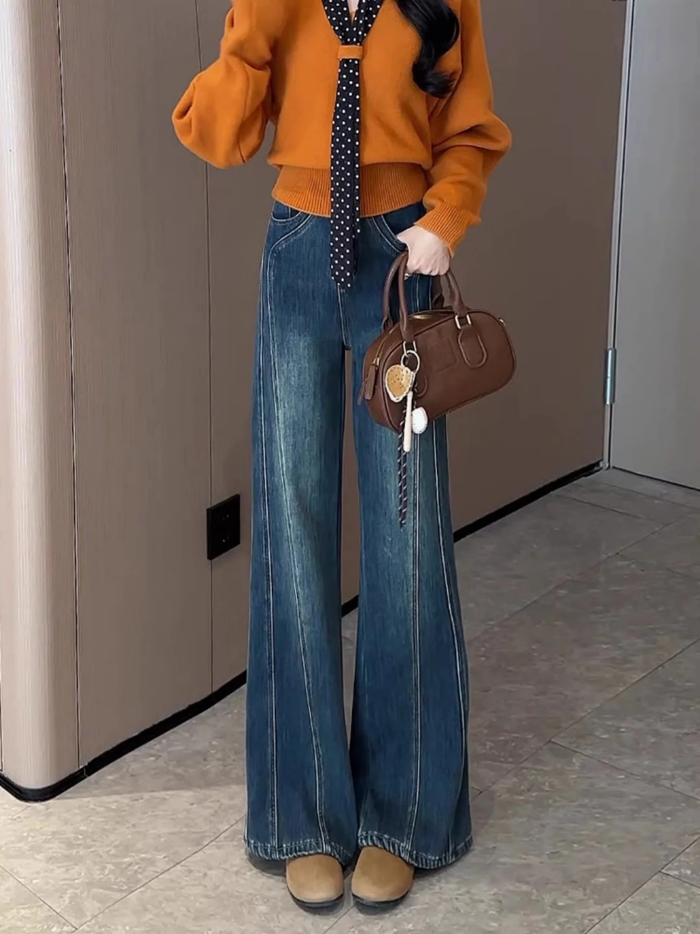 

Retro Blue Wide Leg Denim Jeans Women's Spring 2026 New Small Size High Waist Straight Thickened Fleece Ladies Pants