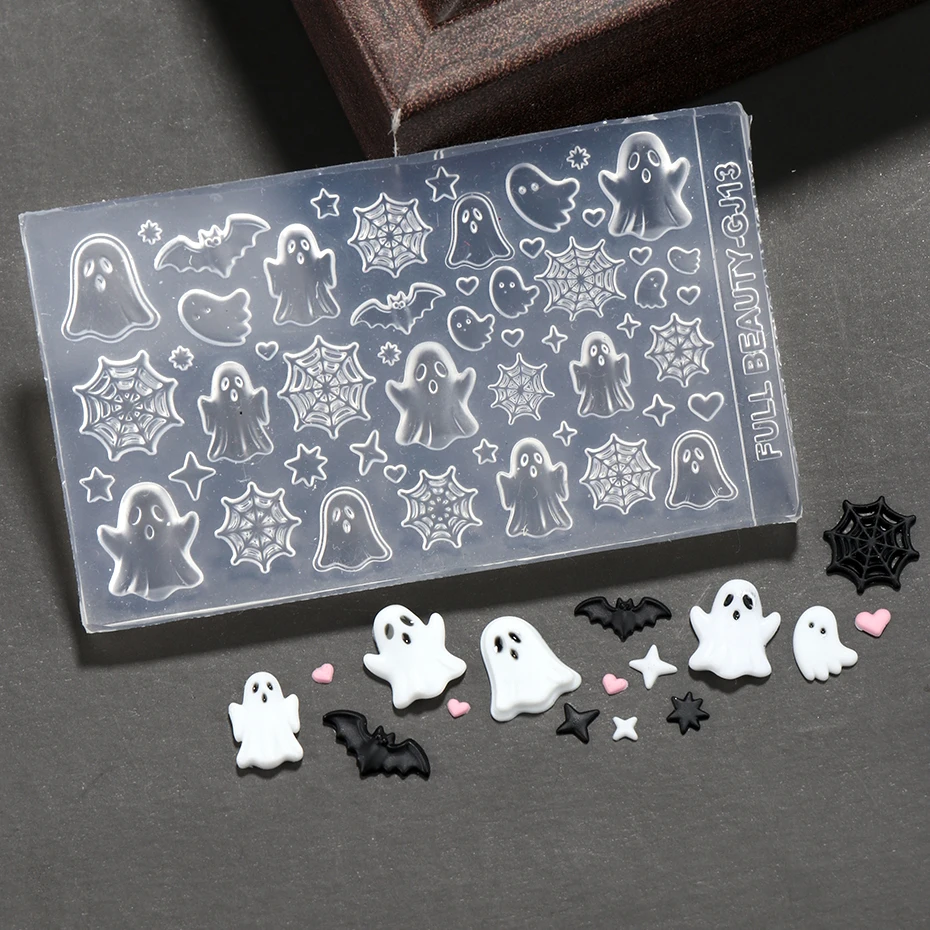 Geisterfledermaus Spinnennetz 3D Nagelcharms Silikon-Nagelform Niedliche Cartoon Gruselige Herz-Stern-Form Schablone Halloween Nagelkunst-Dekoration – Detail 7