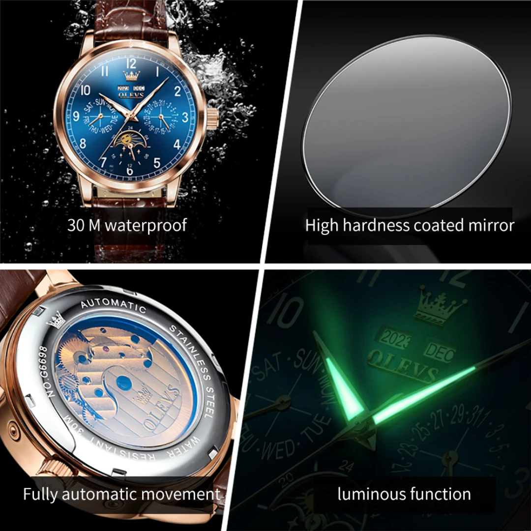 OLEVS 6698, механические деловые часы, подарок, ремешок для часов из натуральной кожи, наручные часы с круглым циферблатом