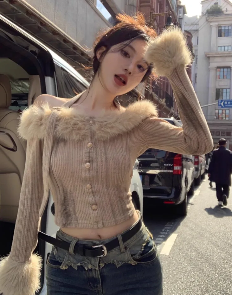 Autumn Winter Y2k Aesthetic Fluffy Sweater Slash Neck Off Shoulder Elegant Halter Crop Top Vintage Casual Fashion Pullover Women