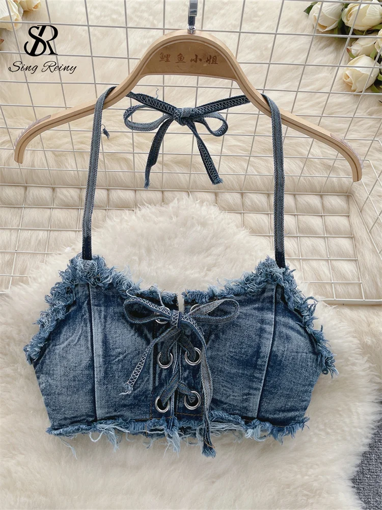 SINGREINY Retro Women Bikini Denim Suits Summer Halter Camis+ Mini Pant Lingeri… - Image 3