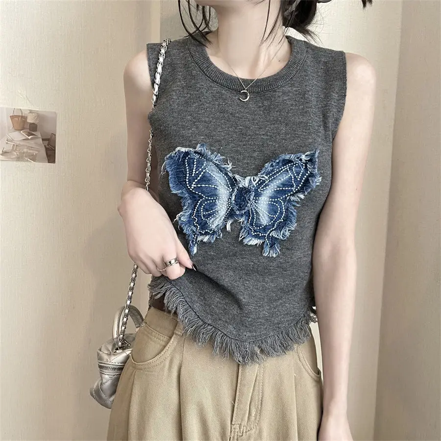 Camiseta sin mangas de punto para chica, Top ajustado con diseño de bordado de mariposa, versión coreana de primavera para mujer