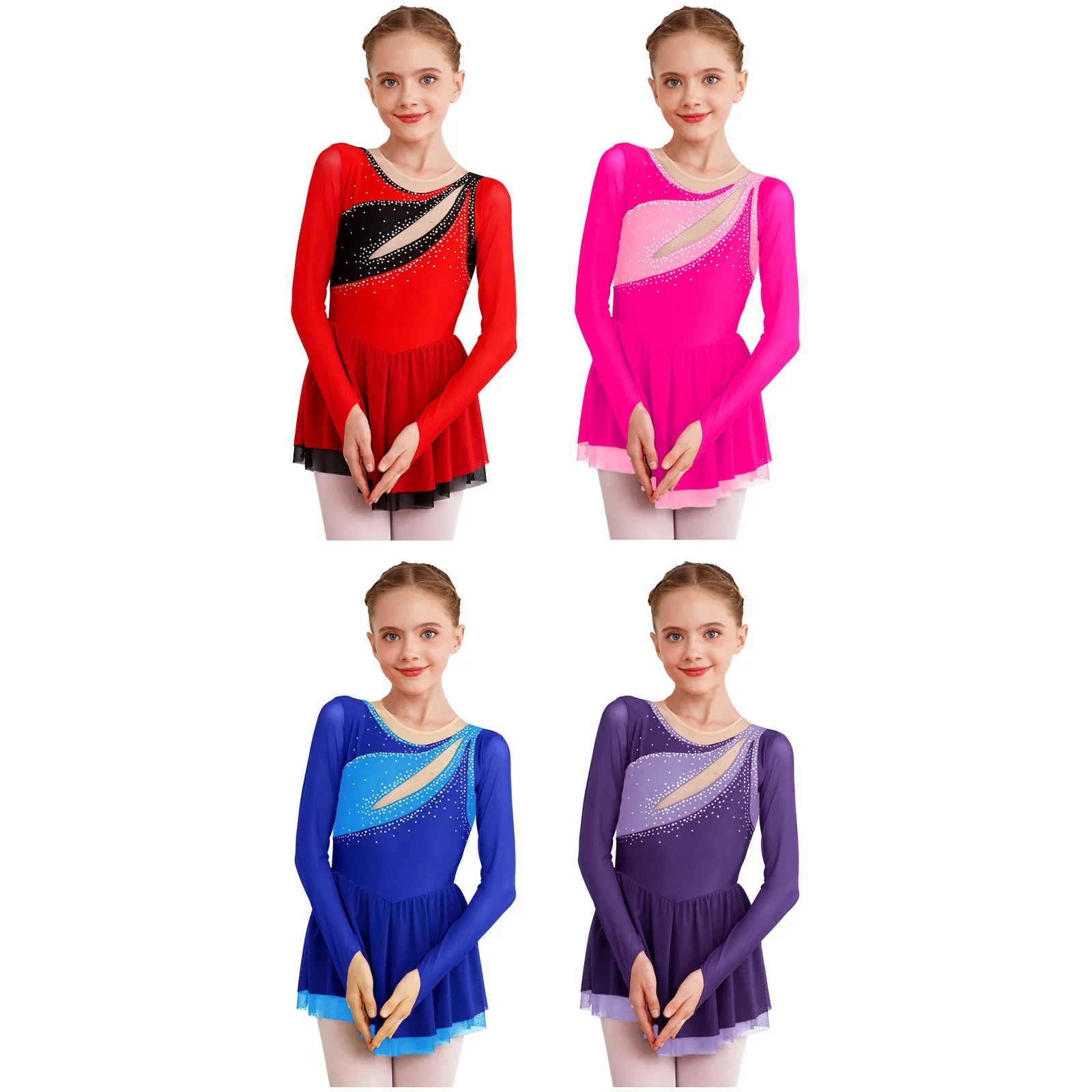 Kids Girls Ballet Lyrical Dance Dress Rhythmic Gymnastics Leotard Mesh Tutu Dresses Long Sleeve Figure Ice Skating Dancewear