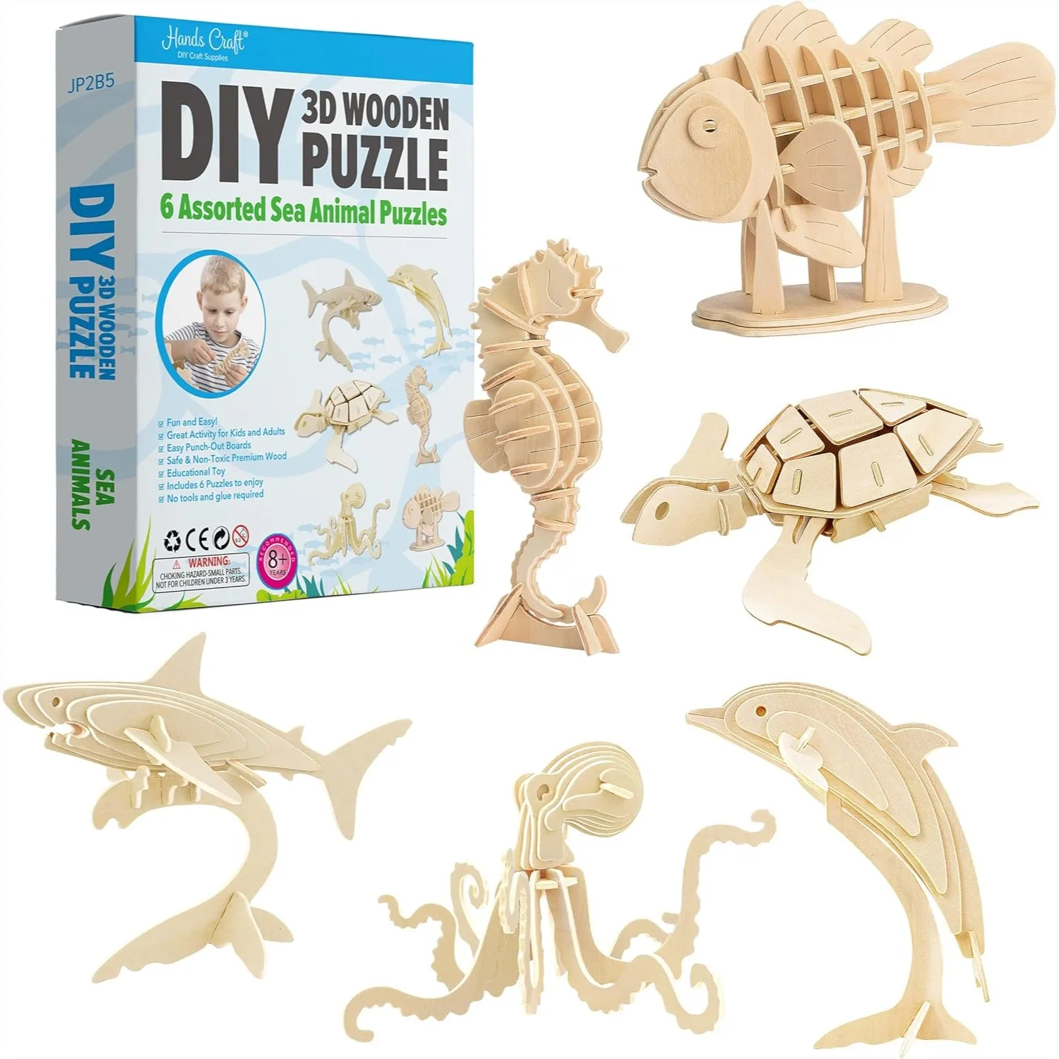 

3D Wooden Puzzle Sea Animals Bundle - 6 Pack Educational STEM Toy for Kids and Adults Easy Assembly