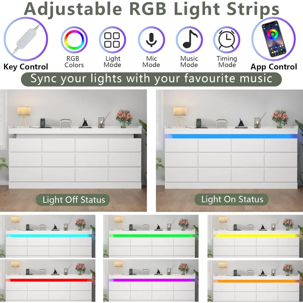 خزانة ذات 12 درج مع مخرج طاقة، خزانة ذات إضاءة LED، خزانة ذات أدراج حديثة للخزانة، منظم درج مزدوج واسع Ca