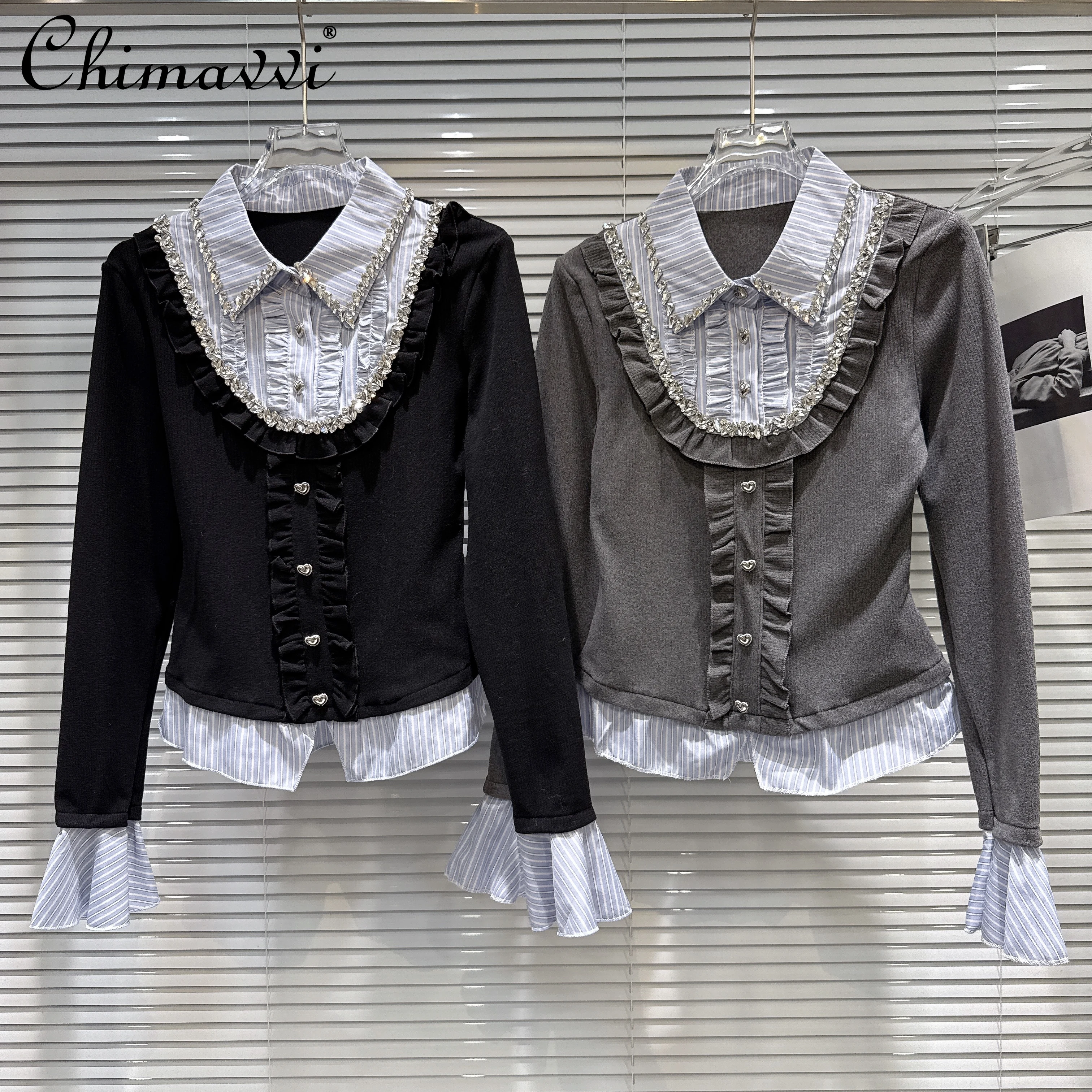 

French Elegant Temperament Diamond Polo Collar Long Sleeve Single-Breasted Versatile Sweet Casual Shirts Tops for Women Autumn