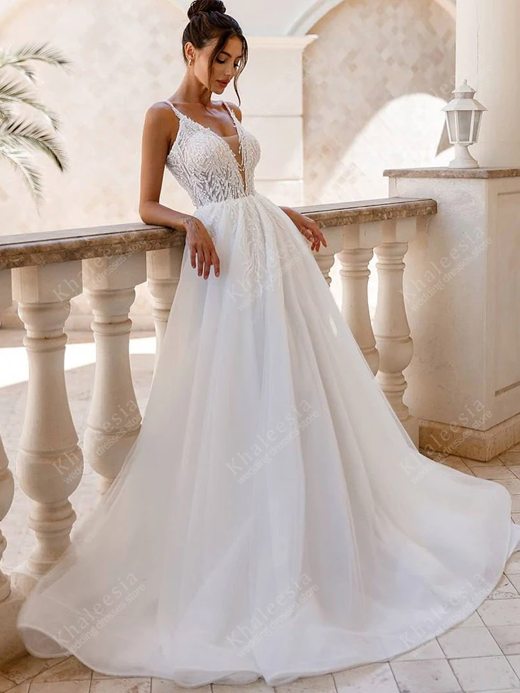 Elegant Wedding Dresses A Line Organza Bridal Gowns Lace Appliques Deep V Neck Sleeveless Charming Vestidos De Novia Customized