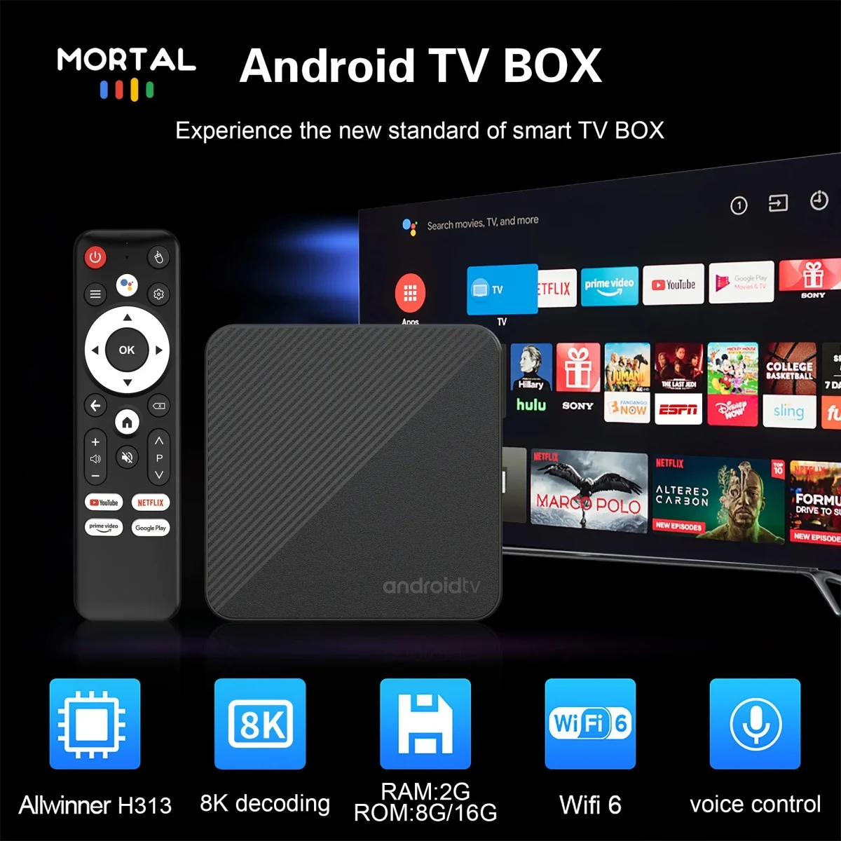 Android 14 TV Box Mortal T1S Wifi6 Smart 4K المسرح المنزلي Free Live TV Set Top Box AllwinnerH313 Netflix YouTube 100M Bluetooth