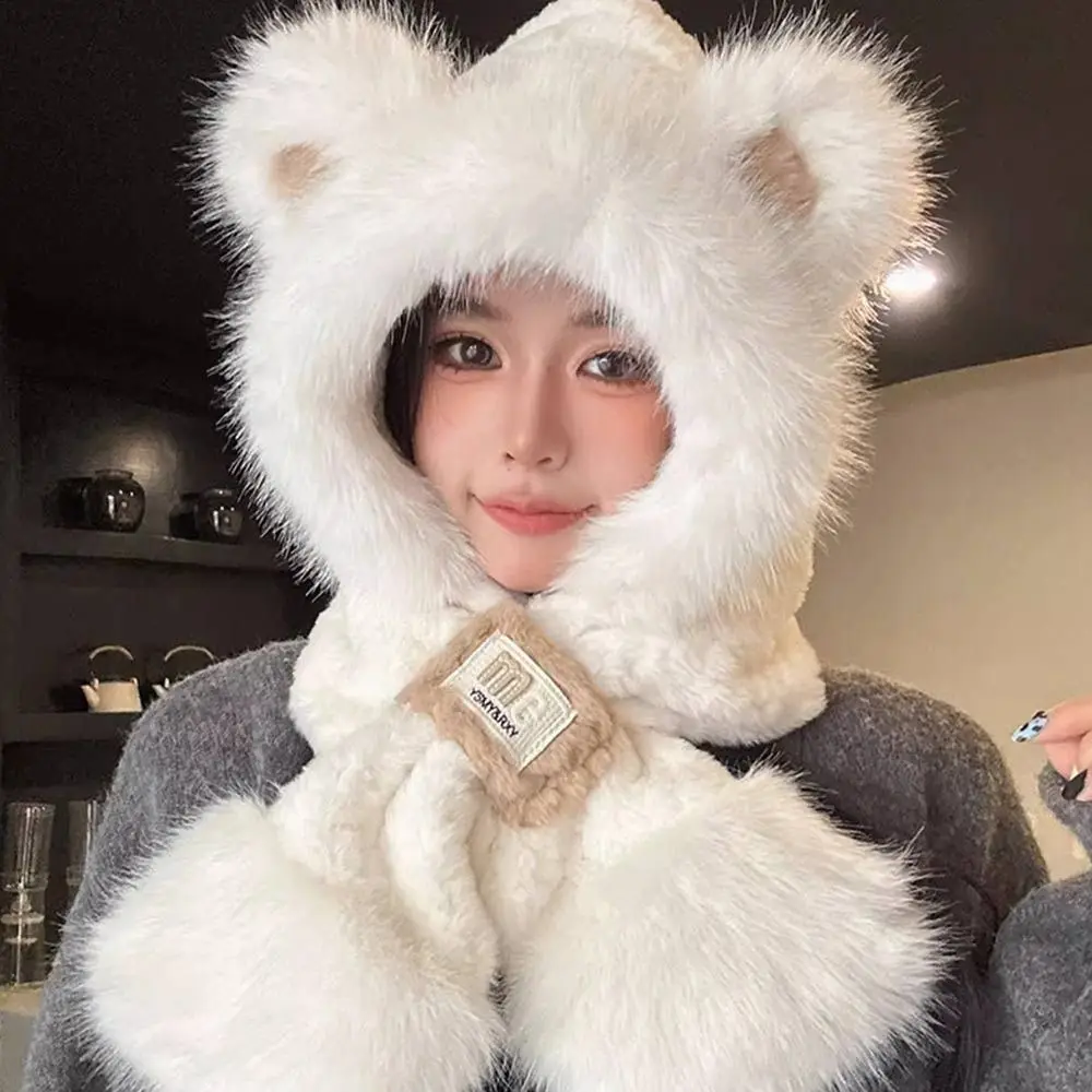 Fashion Plush Winter Integrated Cap Scarf Windproof Warm Beanie Hat Scarf Soft Casual Neck Warmer Cycling