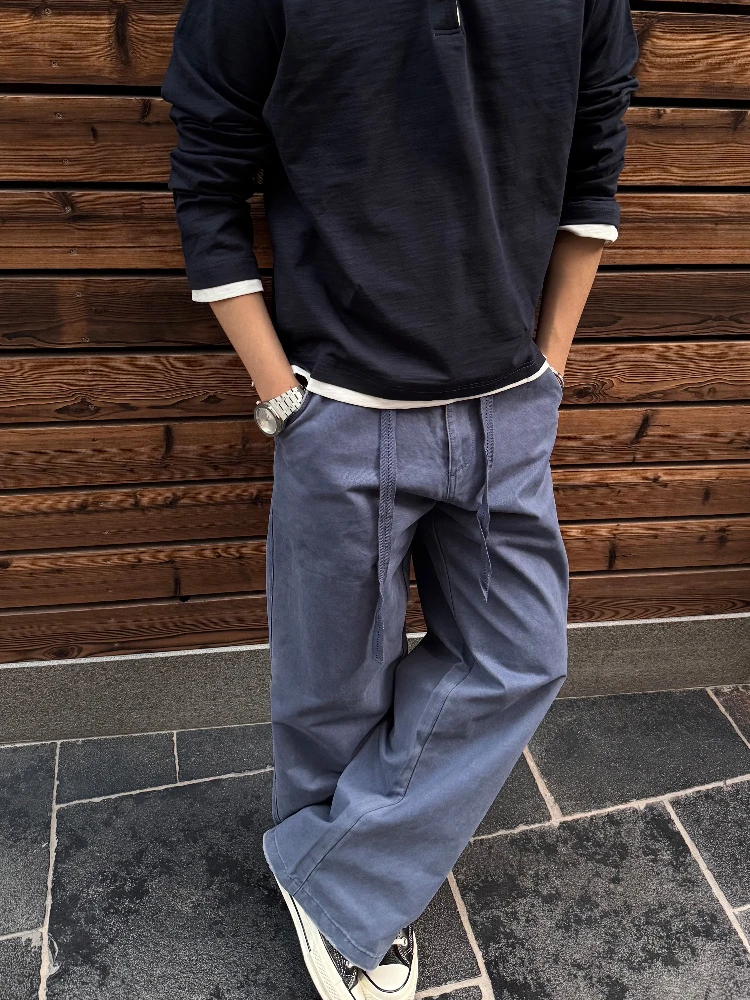Handmade Blue Faded Men's Casual Loose Work Trousers CleanFit American Retro Style Jeans Casual Loose Long Pants for Men