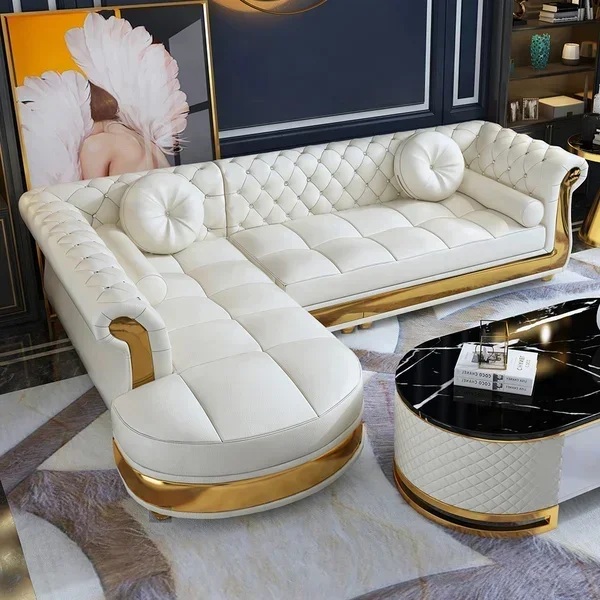 Luxury Gold L Shape Chesterfield Sofa Modern Home furniture Leather Tufted Sectional Couch Living room Corner Sofas Set