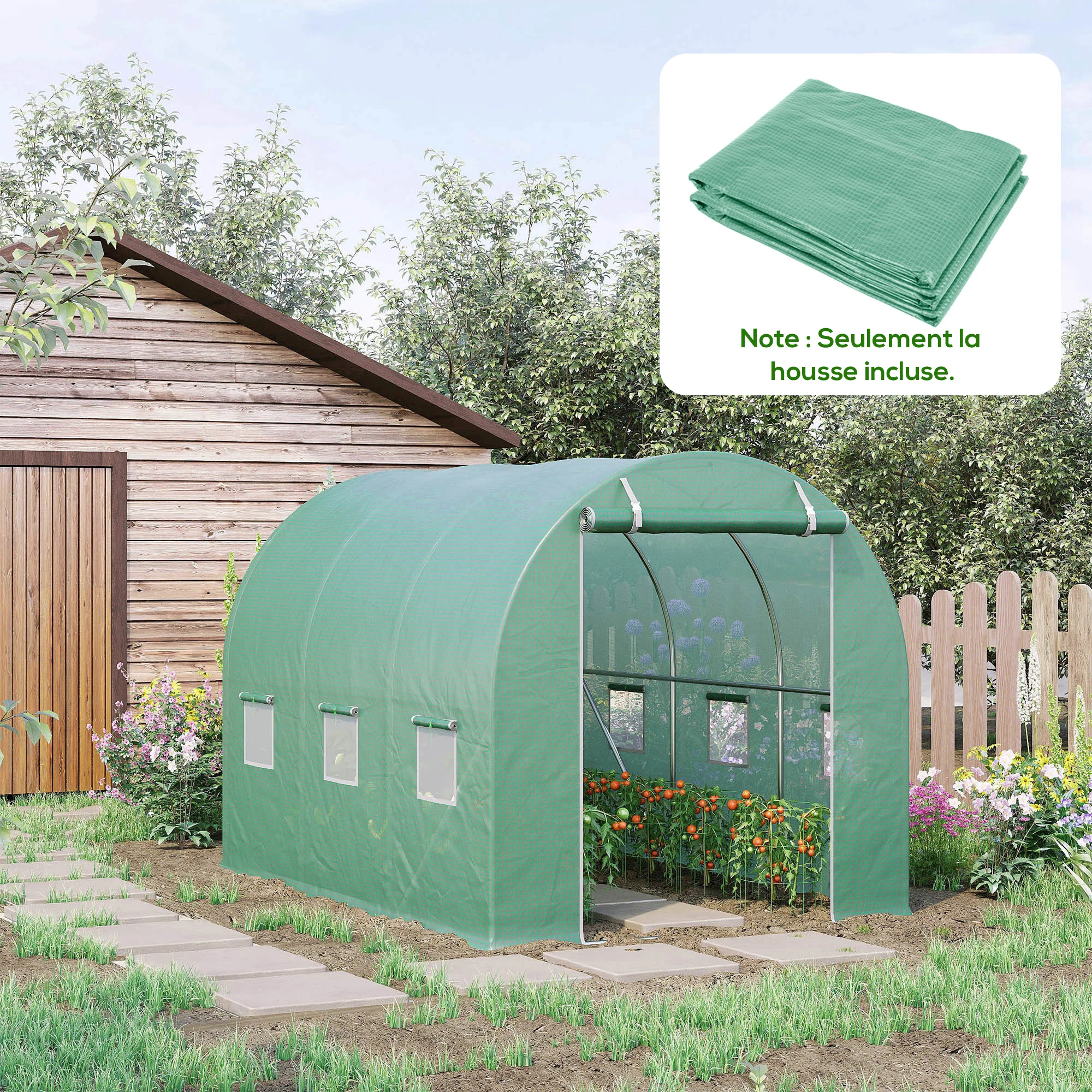 Bâche de remplacement pour serre tunnel 6 m², bâche 3 x 2 x 2 m en PE anti-UV imperméable 6 fenêtres + porte enroulable zippée Vert