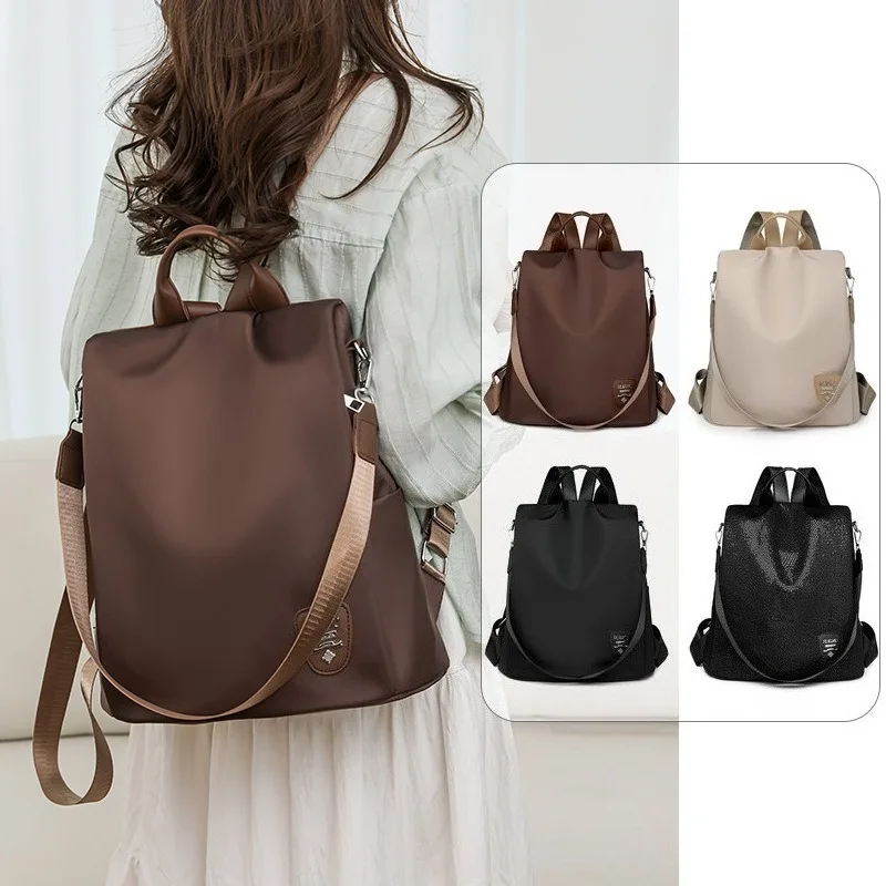 Korean Fashion Women Backpack Solid-Color Minimalist Commuter Daypack Shoulder Bag Portable Anti-Theft Nylon Travel Rucksack