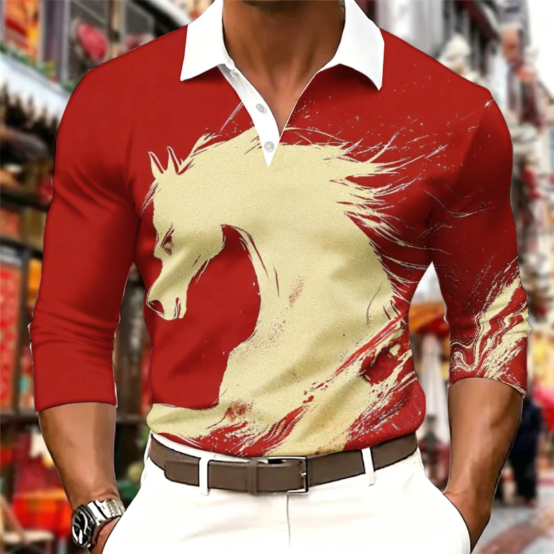 Men Contrast White Collar Long Sleeve Polo Shirt V Neck Button Maple Leaf Horse Star Moon Heart DNA Molecular Print Slim Fit
