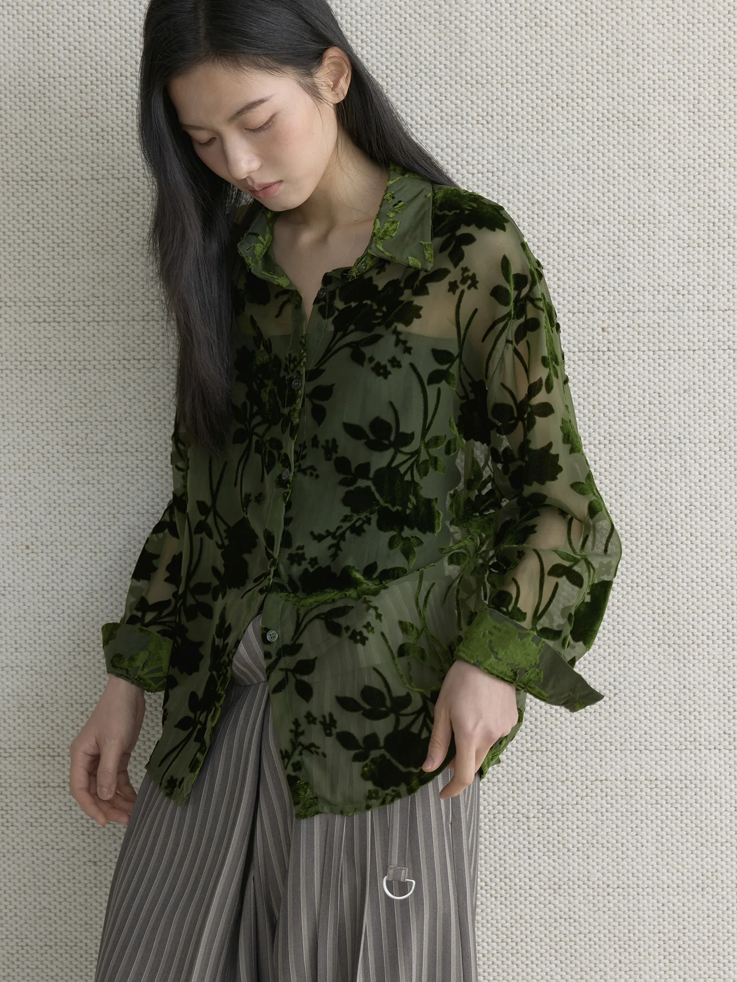 Early Spring New Korean Fresh Forest Plant Printed Transparent Velvet Shirt Soft and Comfortable Top for Women