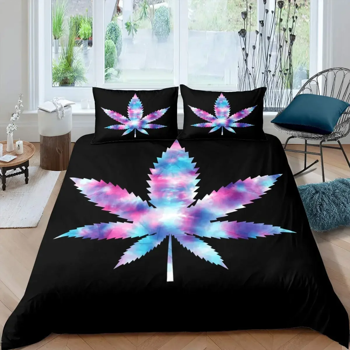 Cannabis Leaves Bedding Set Full Size,Watercolor Marijuana Leaves Duvet Cover,Tropical Jungle Comforter Cover for Youth Lady Boy