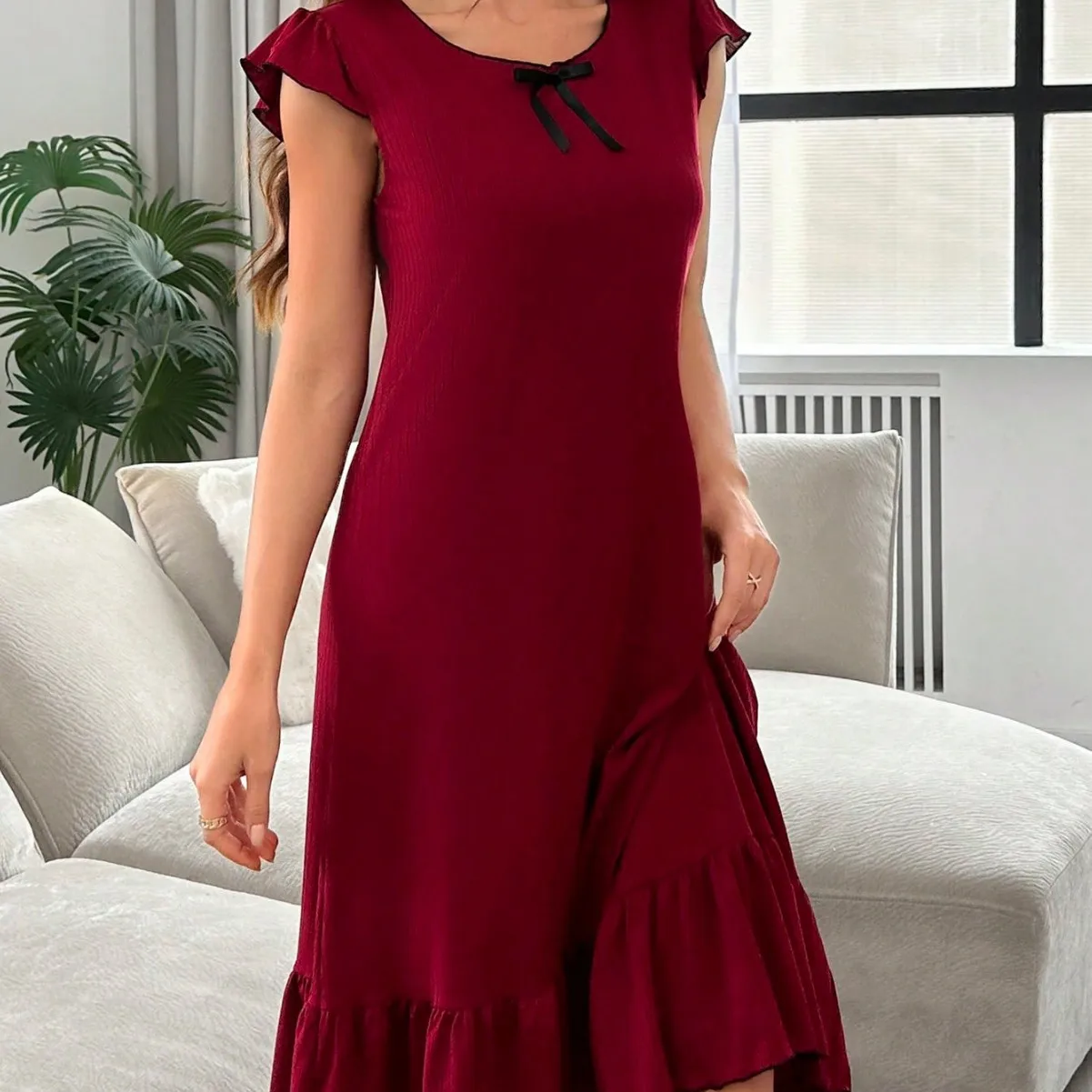 Nightgown Set Sleepwear Loungewear Soft Breathable Short Sleeve Crew Neck Midi Ribbed Summer Nightwear Lightweight Comfortable E